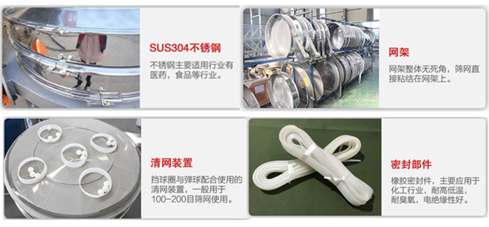 不銹鋼旋振篩細(xì)節(jié)：網(wǎng)架，清網(wǎng)裝置，密封部件